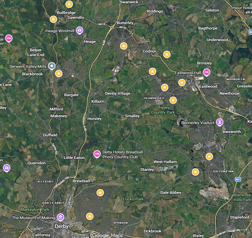 Map showing Amber CFR responder locations marked with stars across Amber Valley, Erewash and Derby